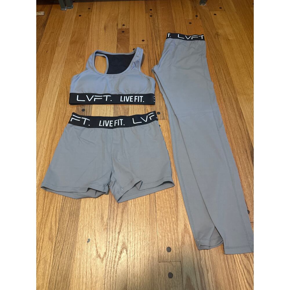 LVFT Retro Boom Cement Set Sports Bra M Leggings + Biker Shorts L Gym Matching